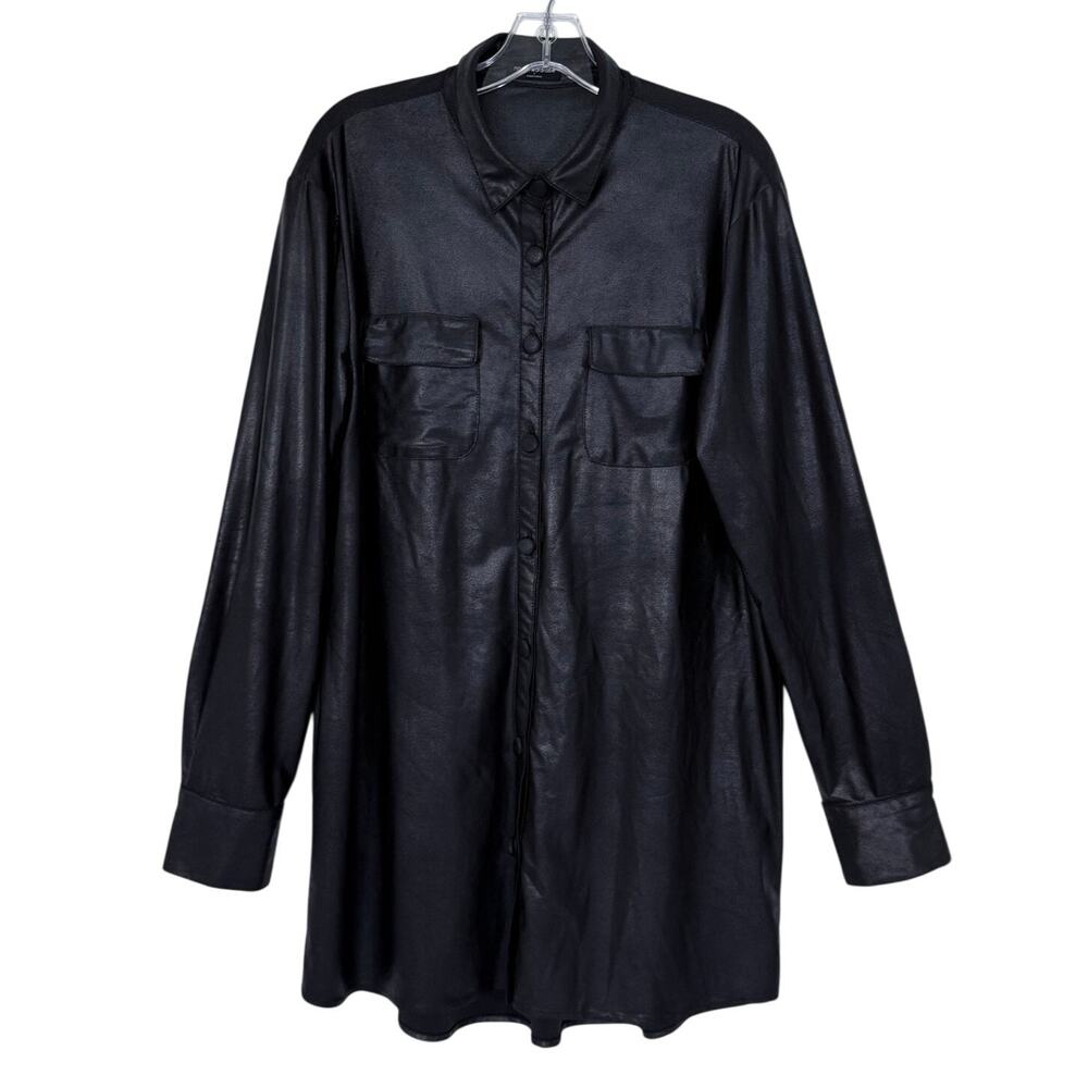 Naked Wardrobe Drip Black Faux Leather Oversized Long Sleeve Shirt Shacket Large